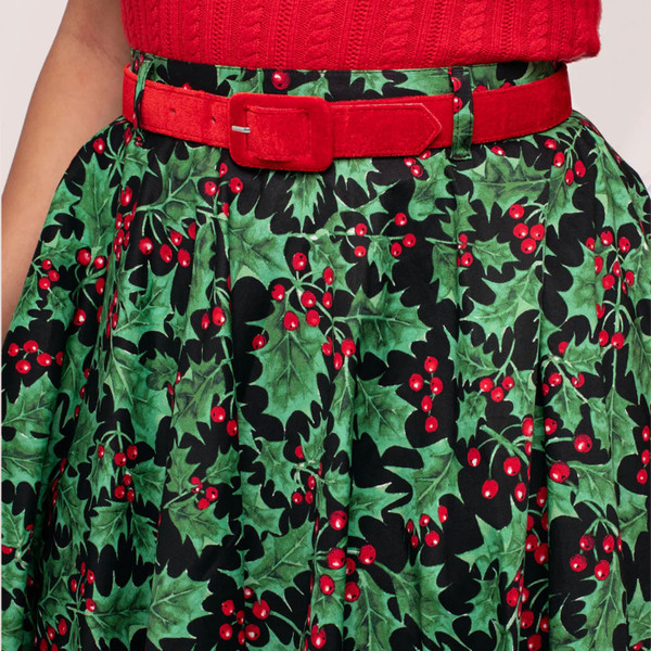Belt on Hell Bunny Nicole Retro 50s Holly Print Flared Circle Skirt in Black and Green