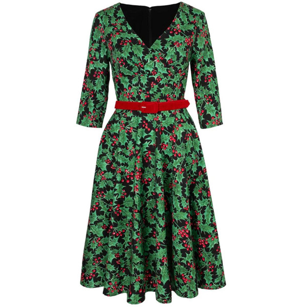 Hell Bunny Nicole Christmas Holly Print 50s Doll Dress in Black and Green