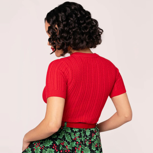 Reverse of Hell Bunny Poinsettia Retro 50s Cable Knit Short Sleeve Top in Red