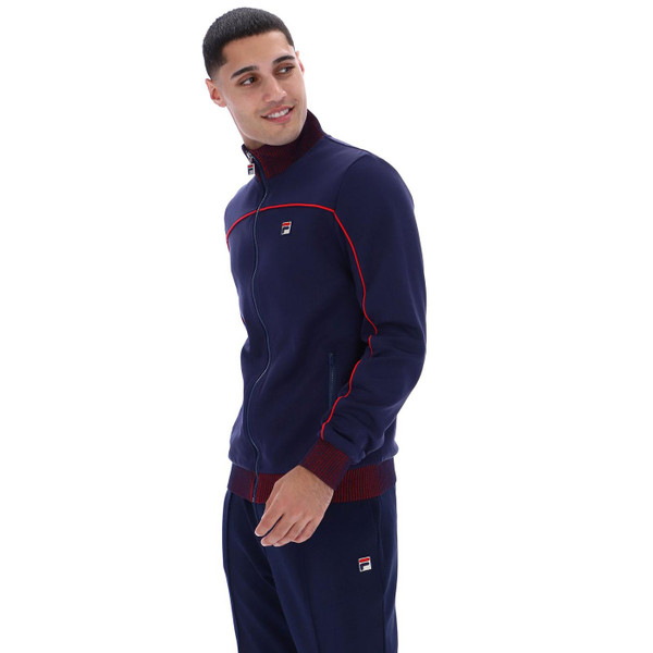 Fila Vintage Zayn Retro 80s Piping Trim Funnel Neck Track Top in Navy and Red Left side
