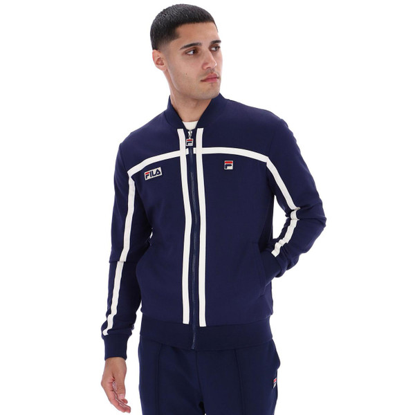 Fila Vintage Emilio Retro 80s Taped Trim Track Jacket in Navy Pictured slightly from side