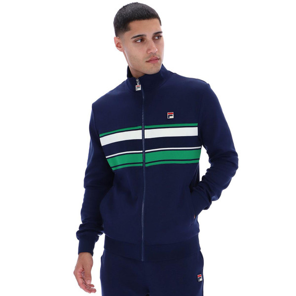 Picture of model wearing the Fila Vintage Vinnie Retro Stripe Track Jacket in Navy