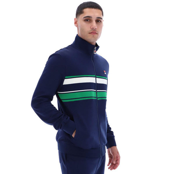 Picture of model wearing the Fila Vintage Vinnie Retro Stripe Track Jacket in Navy side view from right