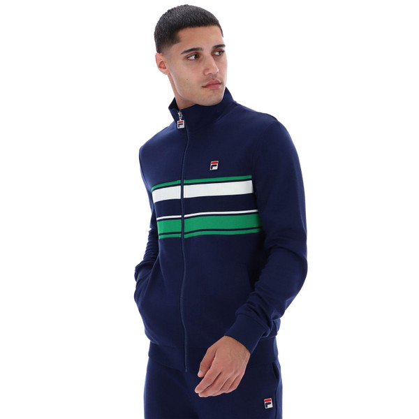 Picture of model wearing the Fila Vintage Vinnie Retro Stripe Track Jacket in Navy side view from left