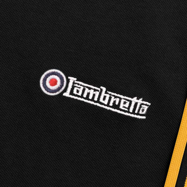 Lambretta embroidery on Lambretta Retro Mod Twin Tipped Pique Polo in Black/Gold