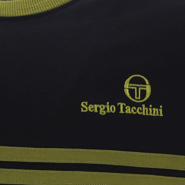 Sergio Tacchini New Supermac Retro Chest Stripe T-shirt in Black and Avocado Bclos up on stripes and logo
