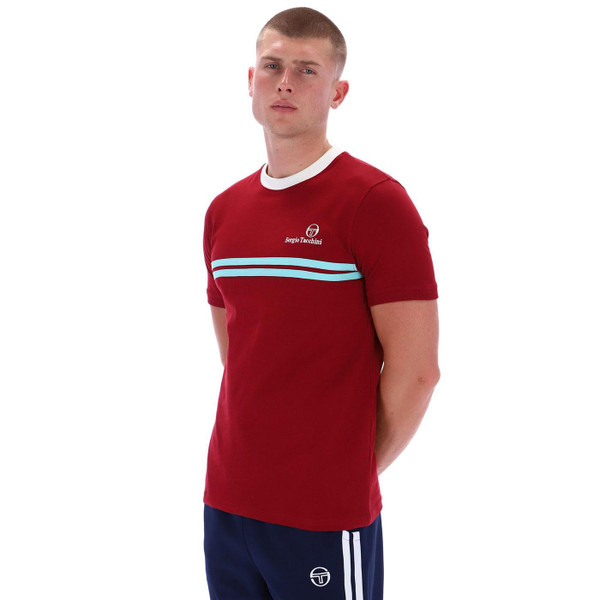 Picture of model wearing the Sergio Tacchini New Supermac Chest Stripe T-shirt in Rhubarb taken from side