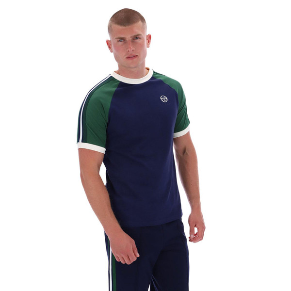 Picture of model wearing the Sergio Tacchini Hadow Raglan Sleeve Ringer T-shirt in Maritime Blue taken from right side