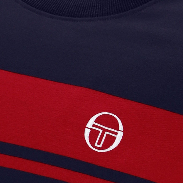 Close up on the Stripes and Logo on the Sergio Tacchini Master Retro 80s Chest Stripe T-shirt in Maritime Blue