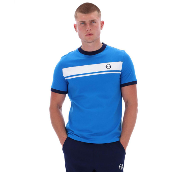 Picture of model wearing the Sergio Tacchini Master Retro 80s Stripe T-shirt in Directoire Blue STM14593 190