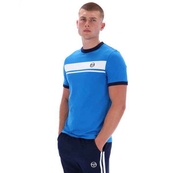 Picture of model wearing the Sergio Tacchini Master Retro 80s Stripe T-shirt in Directoire Blue taken from side