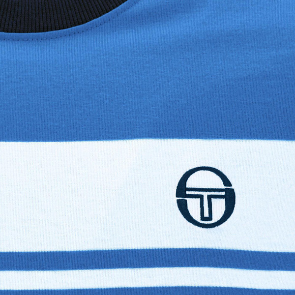 Close up on the Sergio Tacchini Master Retro 80s Stripe T-shirt in Directoire Blue