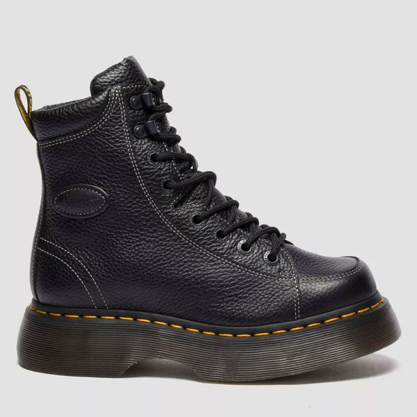 Side view of Dr Martens Women's Buzz 8-Eye Milled Nappa Leather Boots in Black