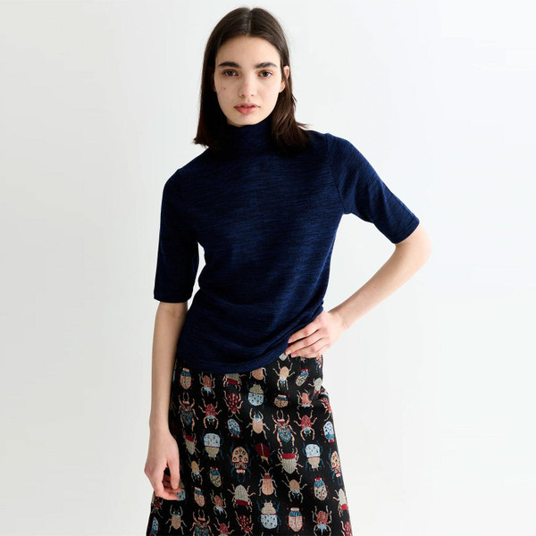 Louche Vista Retro 1950s Short Sleeve Polo Neck Top in Navy 60152