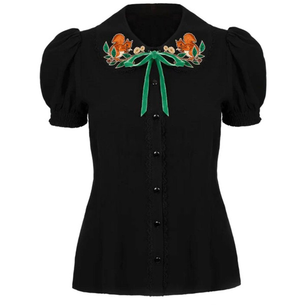 Hell Bunny Chester womens black button up blouse with Autumnal Squirrel Embroidery