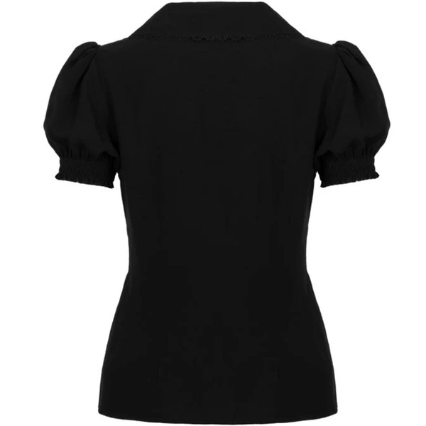 Back of Hell Bunny Chester womens black button up blouse with Autumnal Squirrel Embroidery