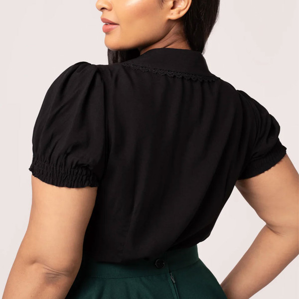 Reverse of Hell Bunny Chester womens black button up blouse with Autumnal Squirrel Embroidery