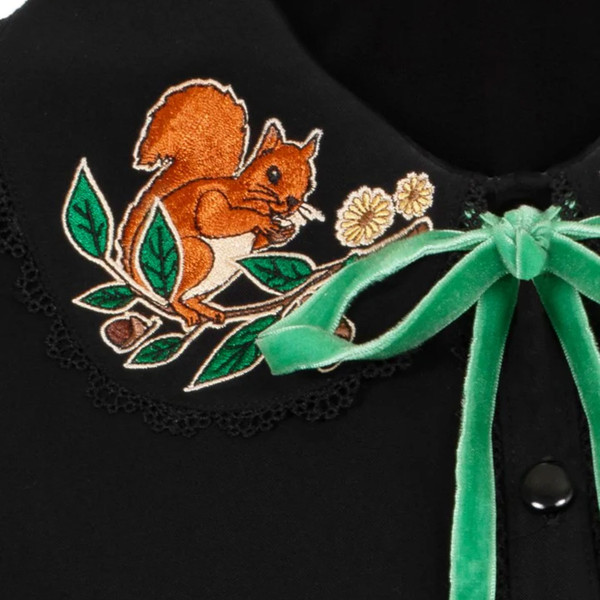 Squirrel embroidery on Hell Bunny Chester womens black button up blouse with Autumnal Squirrel Embroidery