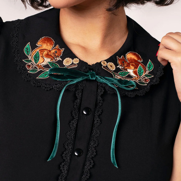 Peter Pan Collar and bow on Hell Bunny Chester womens black button up blouse with Autumnal Squirrel Embroidery