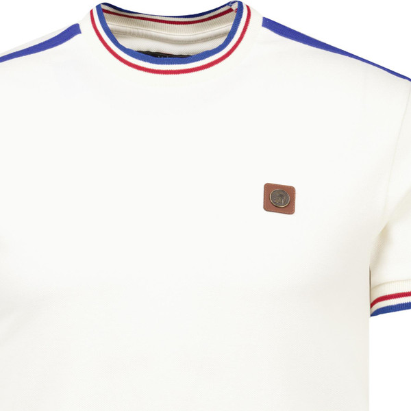 trojan record clothing mens sleeve stripe 3 colour tipped pique tshirt ecru