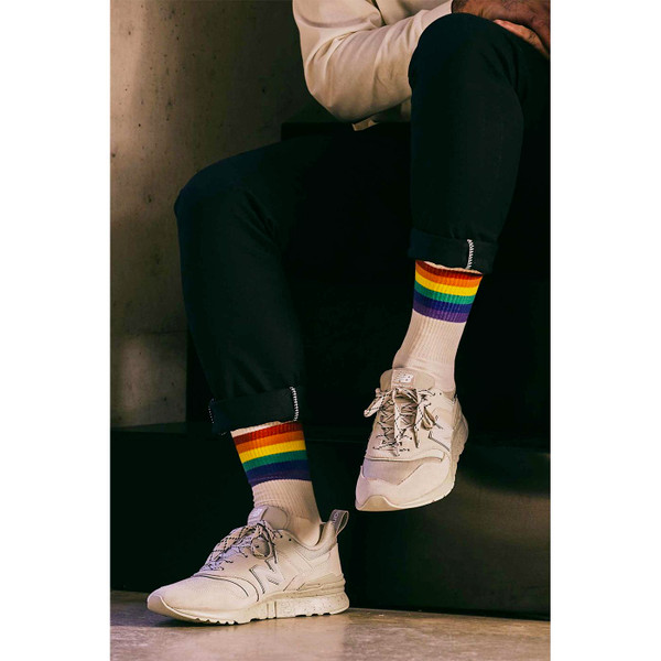 Pantherella Shine Men's Retro Rainbow Stripe Made In England Socks in Cream	