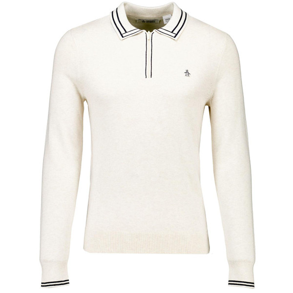 Original Penguin Mens Tipped Long Sleeve Knitted Polo in Birch Heather OPGF2510 110
