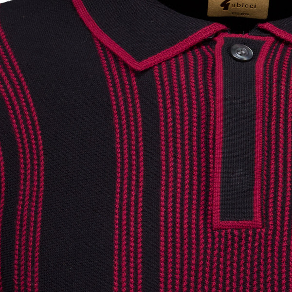 Collar tipping on Gabicci Vintage Men's Dante Long Sleeve Stripe Front Knit Polo in Black/Red