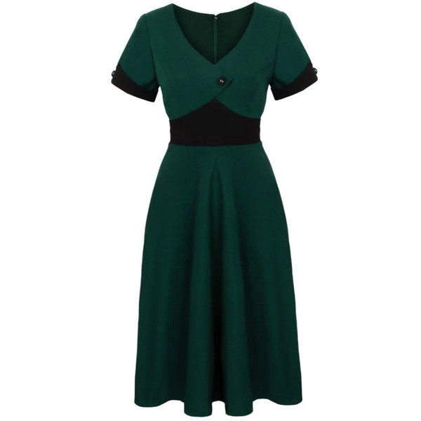 Hell Bunny Jessica Vintage Retro 50s Flared Short Sleeve Dress in Green 