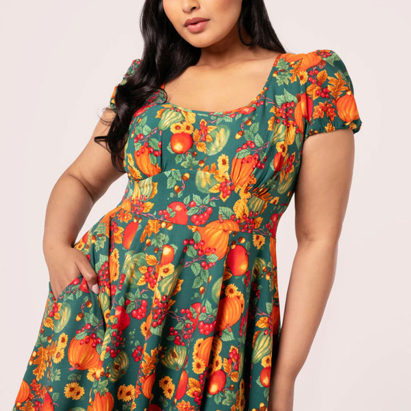 Neckline and pocket on Hell Bunny Pumpkin Patch Retro Flared Autumn Print Dress