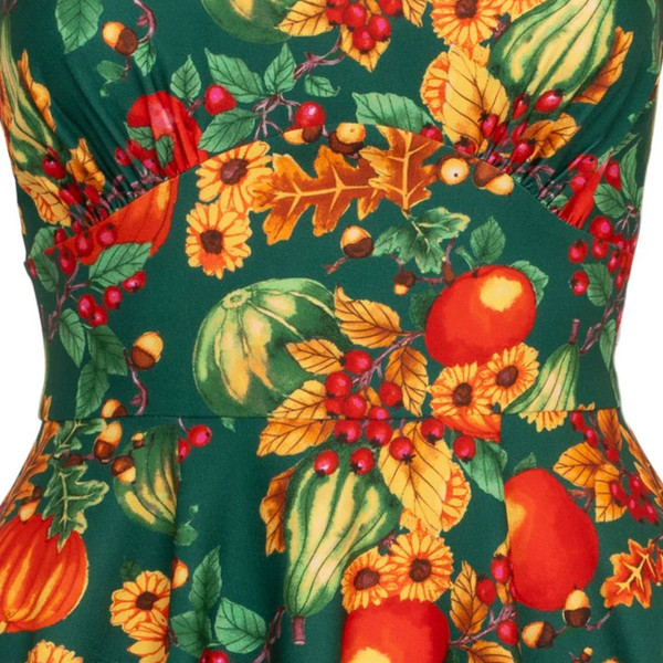 Autumnal pumpkin print on Hell Bunny Pumpkin Patch Retro Flared Autumn Print Dress