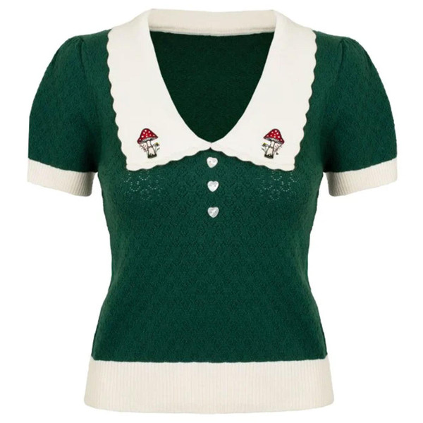 Hell Bunny Genevieve Retro Autumn Toadstool Collar Top in Green