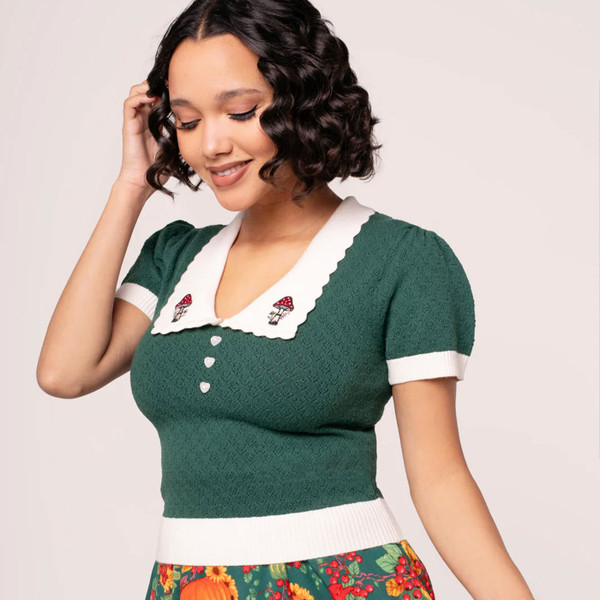 Collar on Hell Bunny Genevieve Retro Autumn Toadstool Collar Top in Green