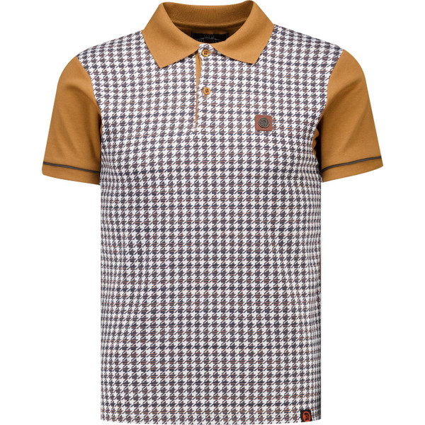 rojan records clothing mens retro 70s houndstooth jacquard panel polo tshirt tan brown
