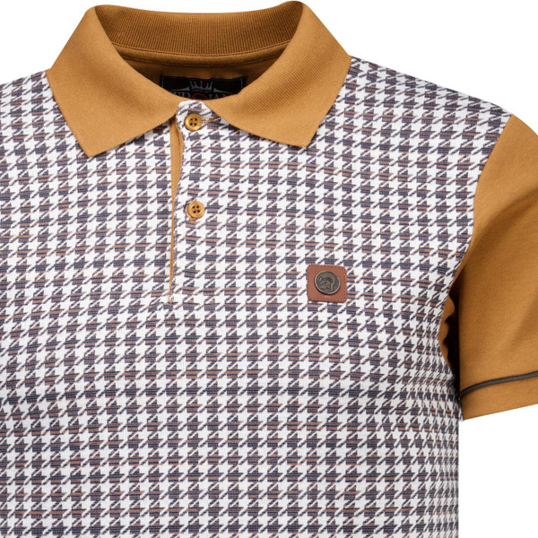 rojan records clothing mens retro 70s houndstooth jacquard panel polo tshirt tan brown