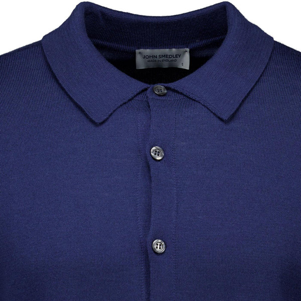 John Smedley Tibor Men's Mod Button Through Polo Cardigan in Hemmingway Blue close up picture