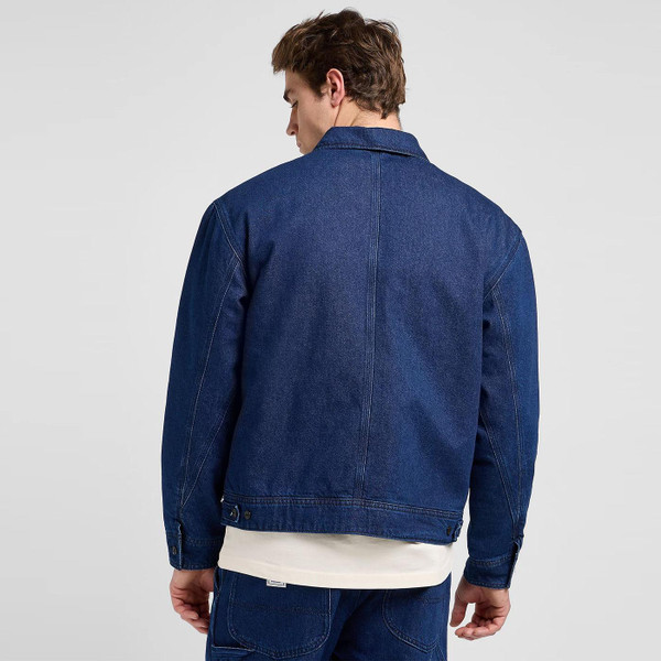 Lee 91W Lined Workwear Blue Denim Jacket Save It Worn by Model Back Photo Lee 91W Lined Workwear Blue Denim Jacket Save It Worn by Model Back Photo