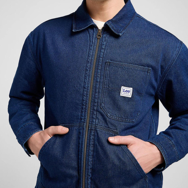 Lee 91W Lined Workwear Blue Denim Jacket Save It Worn by Model Close Up Lee 91W Lined Workwear Blue Denim Jacket Save It Worn by Model Close Up