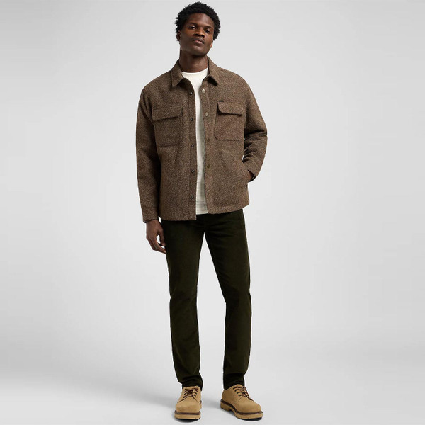 Lee Jeans Retro 70s Relaxed Wool Blend Overshirt in Brown Jaspe 112371313 Full Length Model Photo