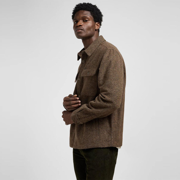 Lee Jeans Retro 70s Relaxed Wool Blend Overshirt in Brown Jaspe 112371313 Model Photo Taken From Side