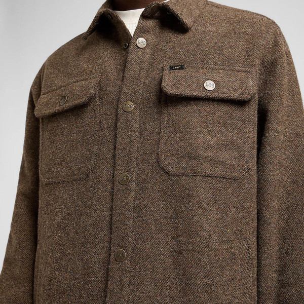 Lee Jeans Retro 70s Relaxed Wool Blend Overshirt in Brown Jaspe 112371313 Close Up