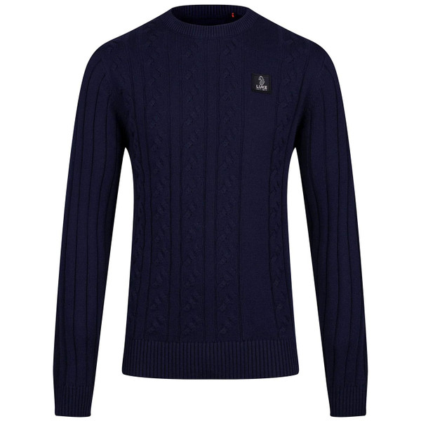 Luke Mitcham Men's Retro Cable Knit Jumper in Navy pictured from front