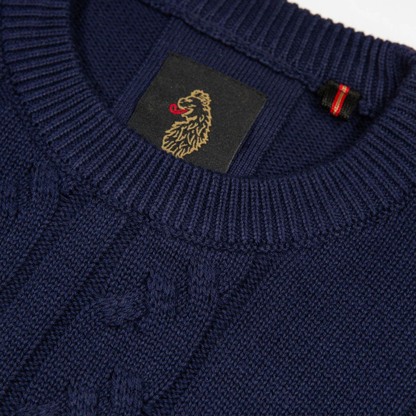 Luke Mitcham Men's Retro Cable Knit Jumper in Navy close up picture of collar