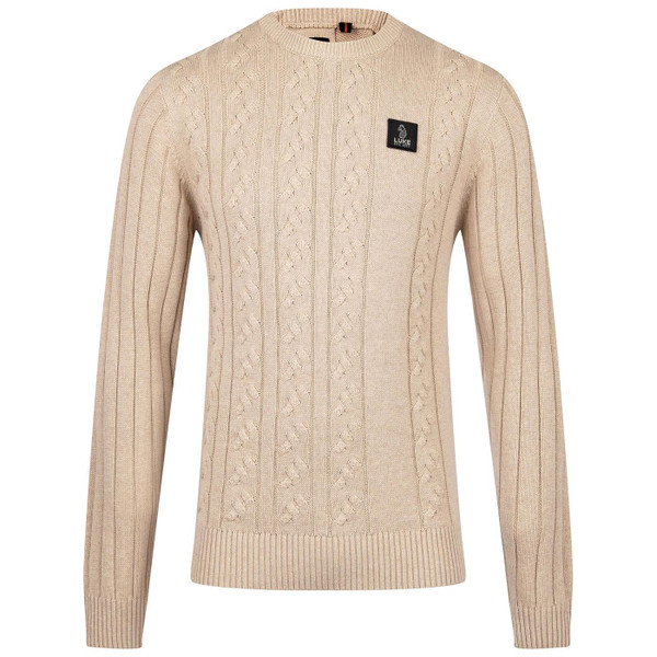Luke Mitcham Men's Mod Cable Knit Jumper in Stone Pictured From Front
