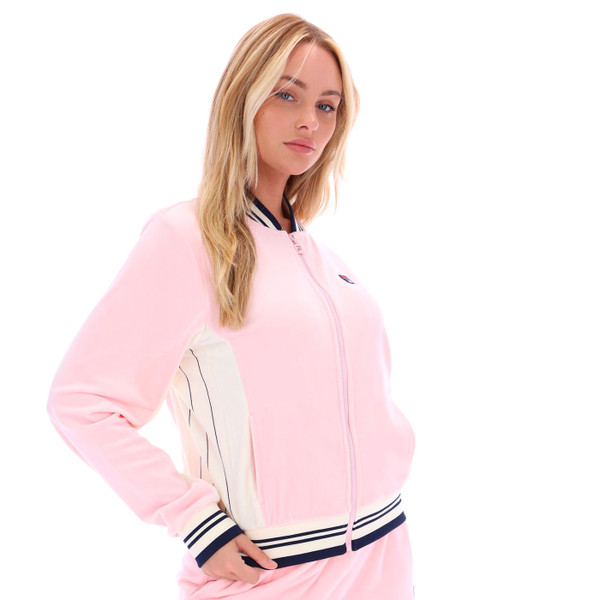 Side pinstripe panel on Fila Vintage Women's Jenesis Velour Track Top in Pinkaboo Pink SS25WC016 661