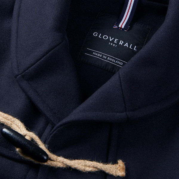 Gloverall Cocteau Shawl Collar Short Length Duffle Coat in Navy Made in England Close Up on collar