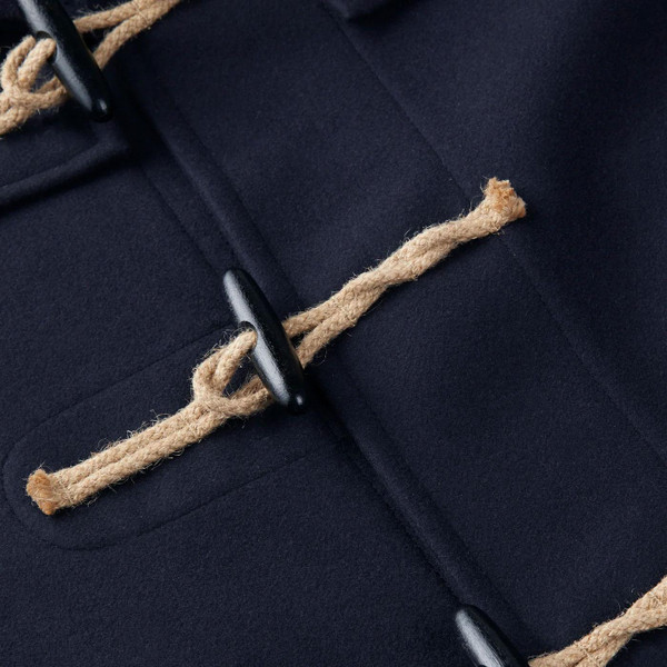 Gloverall Cocteau Shawl Collar Short Length Duffle Coat in Navy Made in England Close Up on Jute Rope and Toggle Fastener