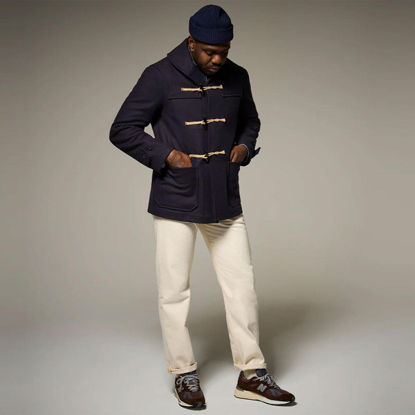 Gloverall Cocteau Shawl Collar Short Length Duffle Coat in Navy Made in England Model Picture