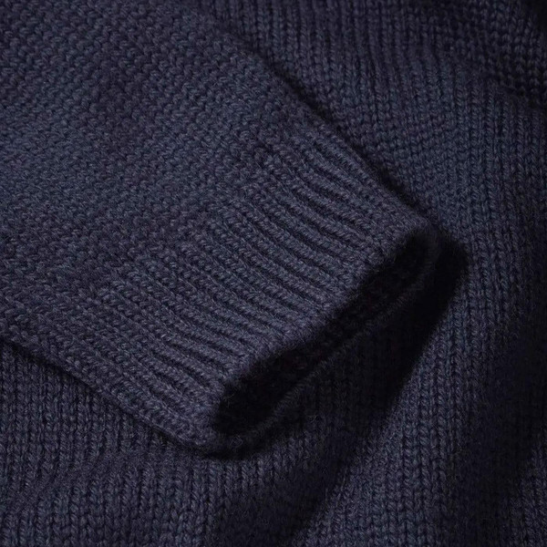 Gloverall Submariner Retro Chunky Knit Roll Neck Jumper in Navy Made in England close up