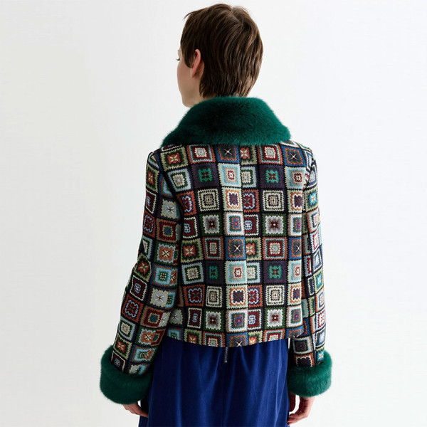 Louche Kent Women's Retro 70s Patchwork Fur Trimmed Cropped Jacket Model Photo Back