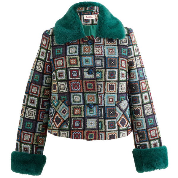 Louche Kent Women's Retro 70s Patchwork Fur Trimmed Cropped Jacket Mannequin Photo